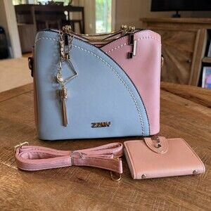 NEW ZZMY Pastel Colorblock Satchel Handbag Pink & Blue with Matching Wallet Set